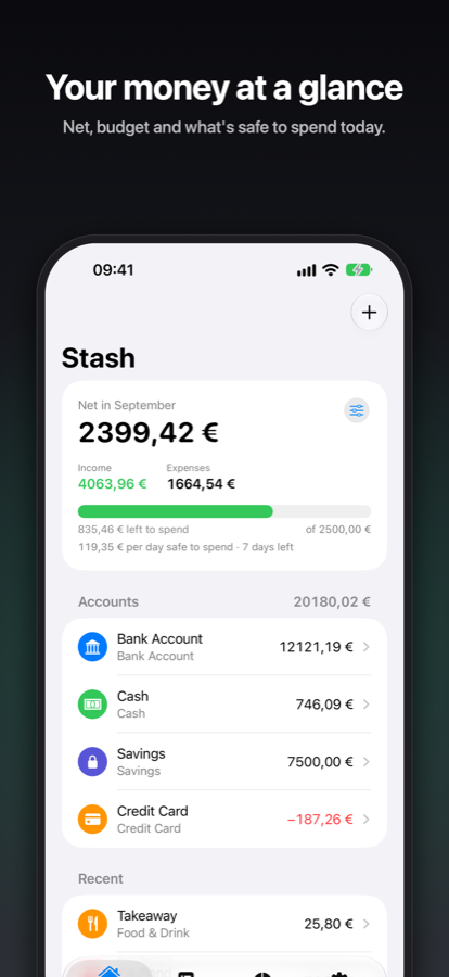 Home screen with the month's net, budget gauge and accounts