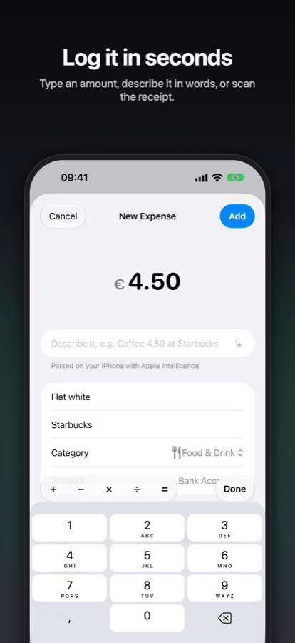 New Expense sheet with the amount and the Describe-it field