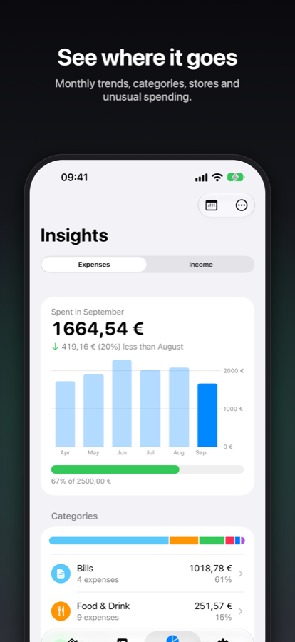 Insights with the monthly chart and category breakdown